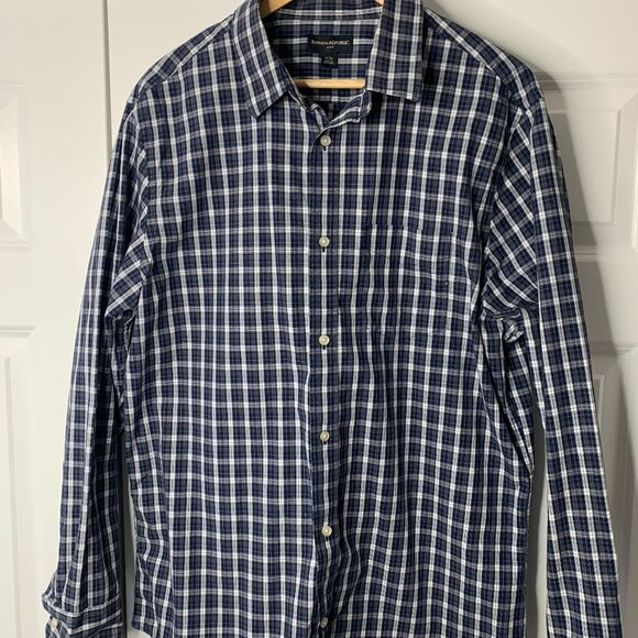 Banana Republic Men’s XL Blue,Grey & White Checked Long Sleeve 100% Cotton Shirt - Picture 1 of 16